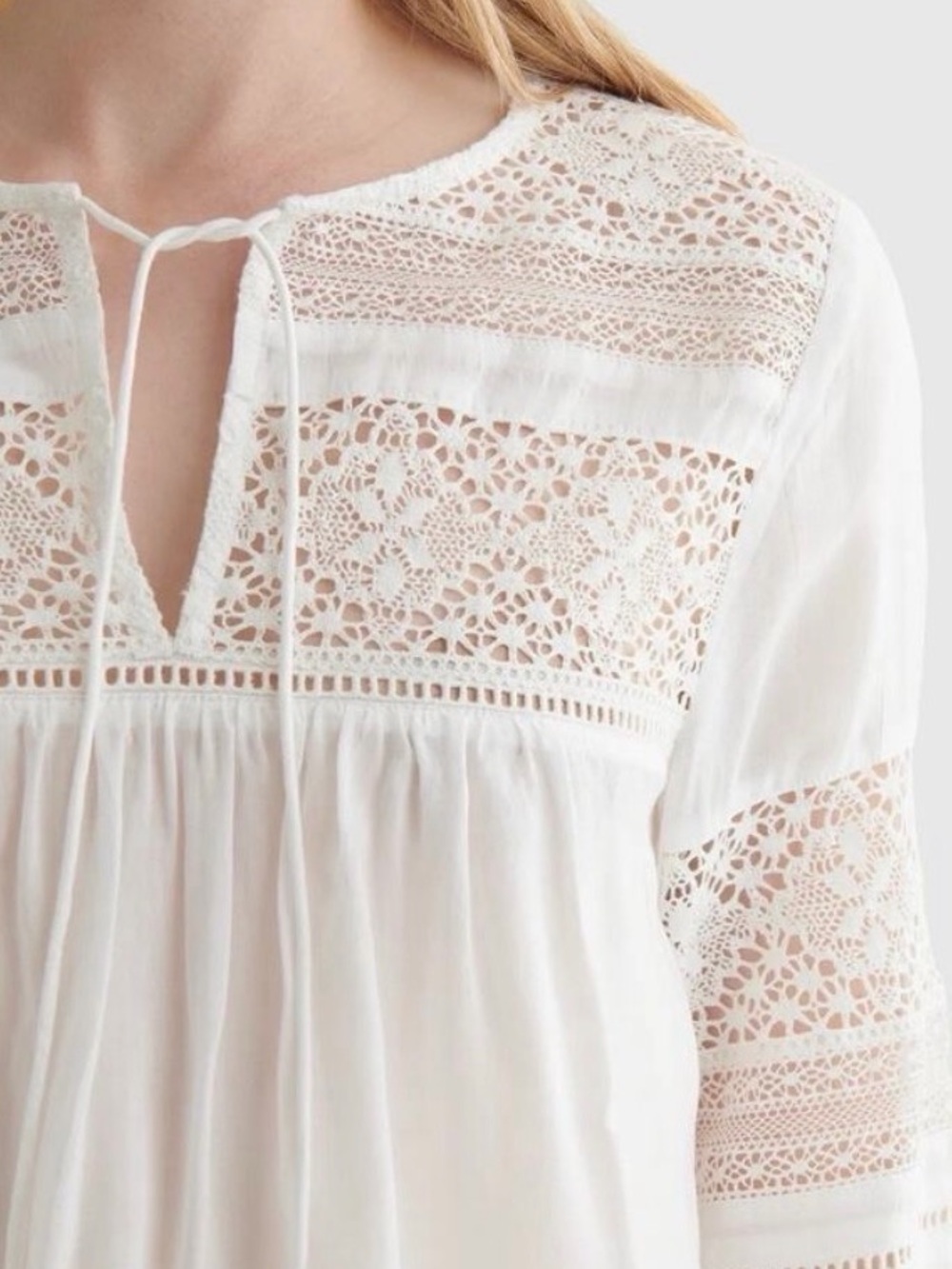 Lucky Brand White Lace Inset Peasant Top - Picture 3 of 7
